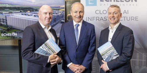 No Repro Fee
09/05/2025
Taoiseach Micheál Martin is welcomed by Niall Molloy, CEO, and Graeme McWilliams, COO, Echelon Data Centres at the official launch of the Echelon Data Centres DUB20 & DUB30 data centre campuses at the Arklow Bay Hotel in Arklow, Co Wicklow..
Photo: Peter Houlihan